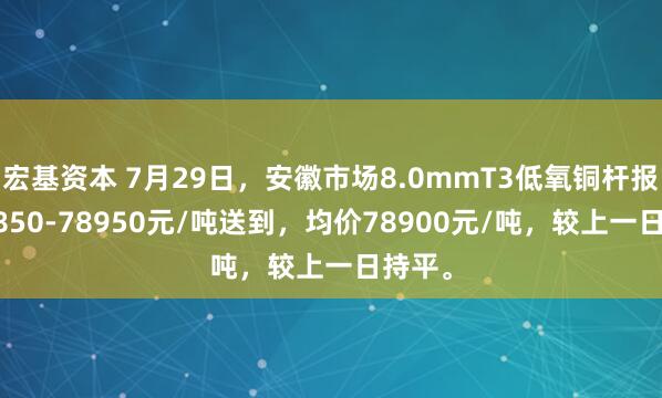 宏基资本 7月29日，安徽市场8.0mmT3低氧铜杆报价78850-78950元/吨送到，均价78900元/吨，较上一日持平。
